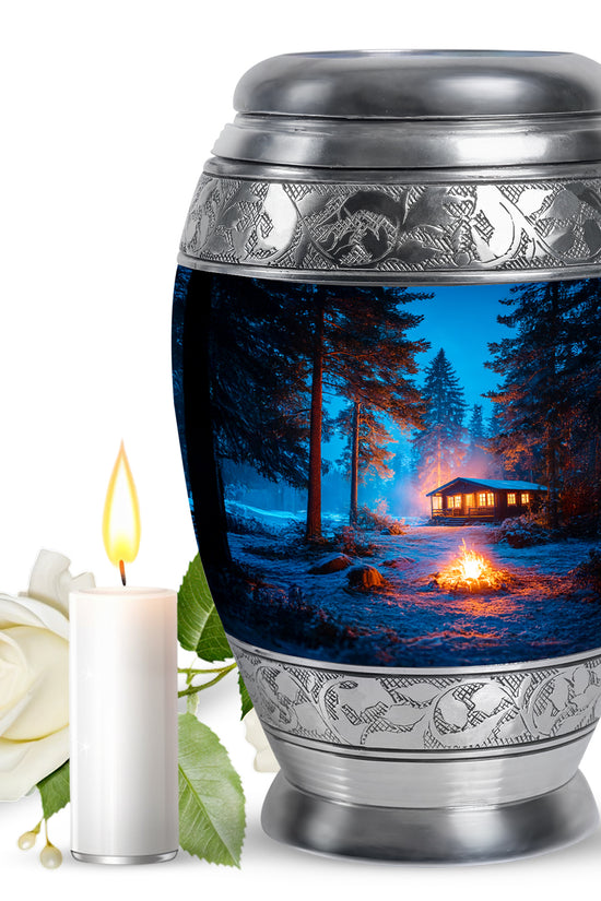 Icy Blue Campfire Cremation Urn back view with polished surface - regal campfire design with crown-inspired accents - full-size 10 inch 200 cubic inch adult cremation urn
