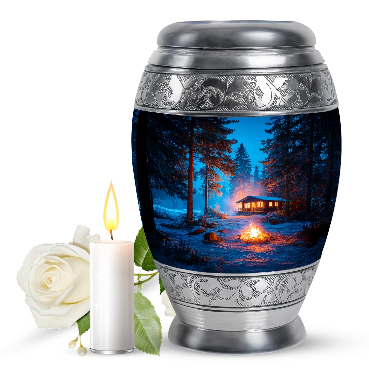 Icy Blue Campfire Cremation Urn back view with polished surface - regal campfire design with crown-inspired accents - full-size 10 inch 200 cubic inch adult cremation urn