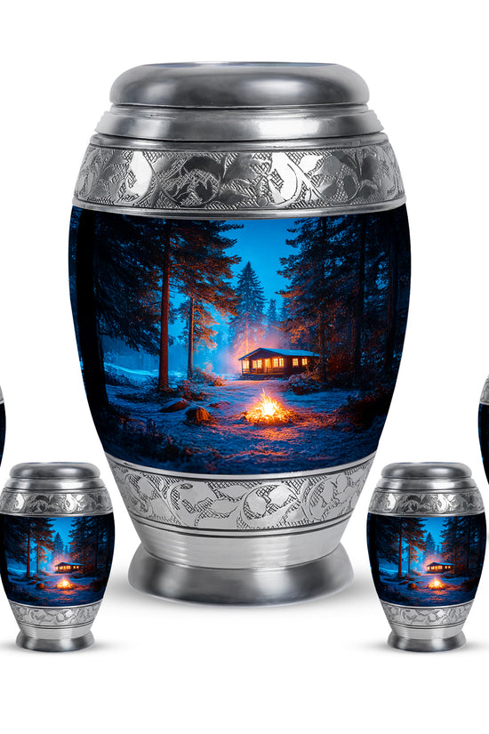 Celestial Blue Campfire Cremation Urn detail view - ornate monarch-style campfire relief on brushed aluminum - memorial set with one large and four small urns