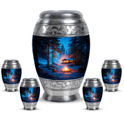 Celestial Blue Campfire Cremation Urn detail view - ornate monarch-style campfire relief on brushed aluminum - memorial set with one large and four small urns