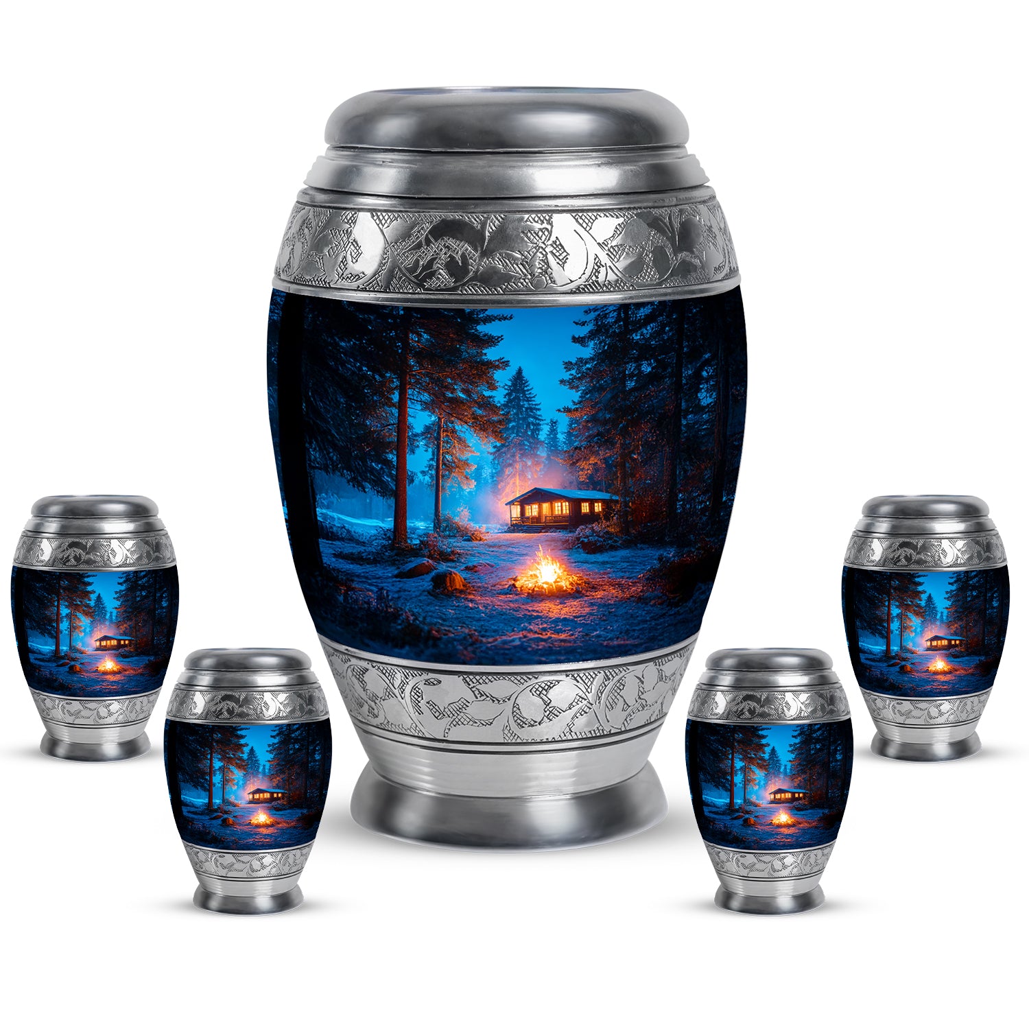 Celestial Blue Campfire Cremation Urn detail view - ornate monarch-style campfire relief on brushed aluminum - memorial set with one large and four small urns