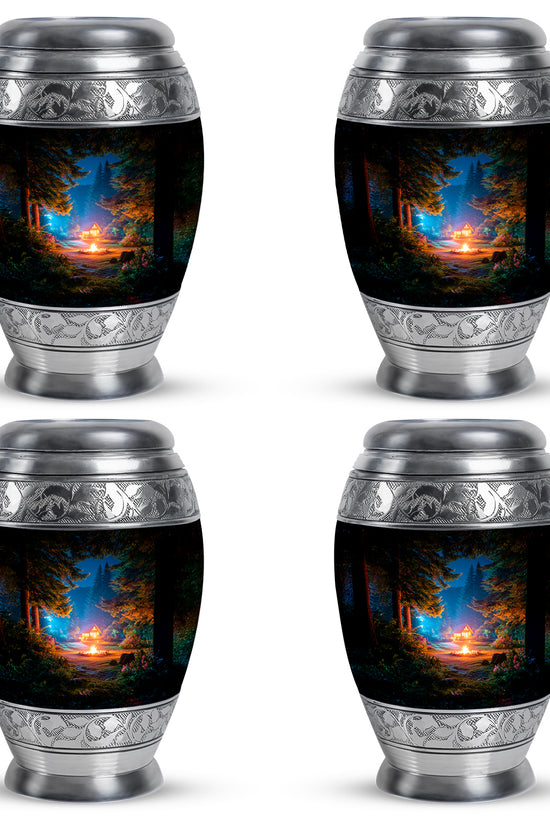 Rich Black Campfire Cremation Urn urn with complimentary velvet bag - regal campfire design with crown-inspired accents - 10 inch aluminum urn for cremated remains
