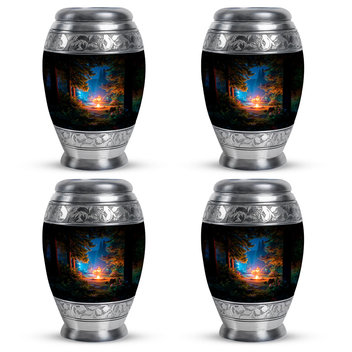 Rich Black Campfire Cremation Urn urn with complimentary velvet bag - regal campfire design with crown-inspired accents - 10 inch aluminum urn for cremated remains