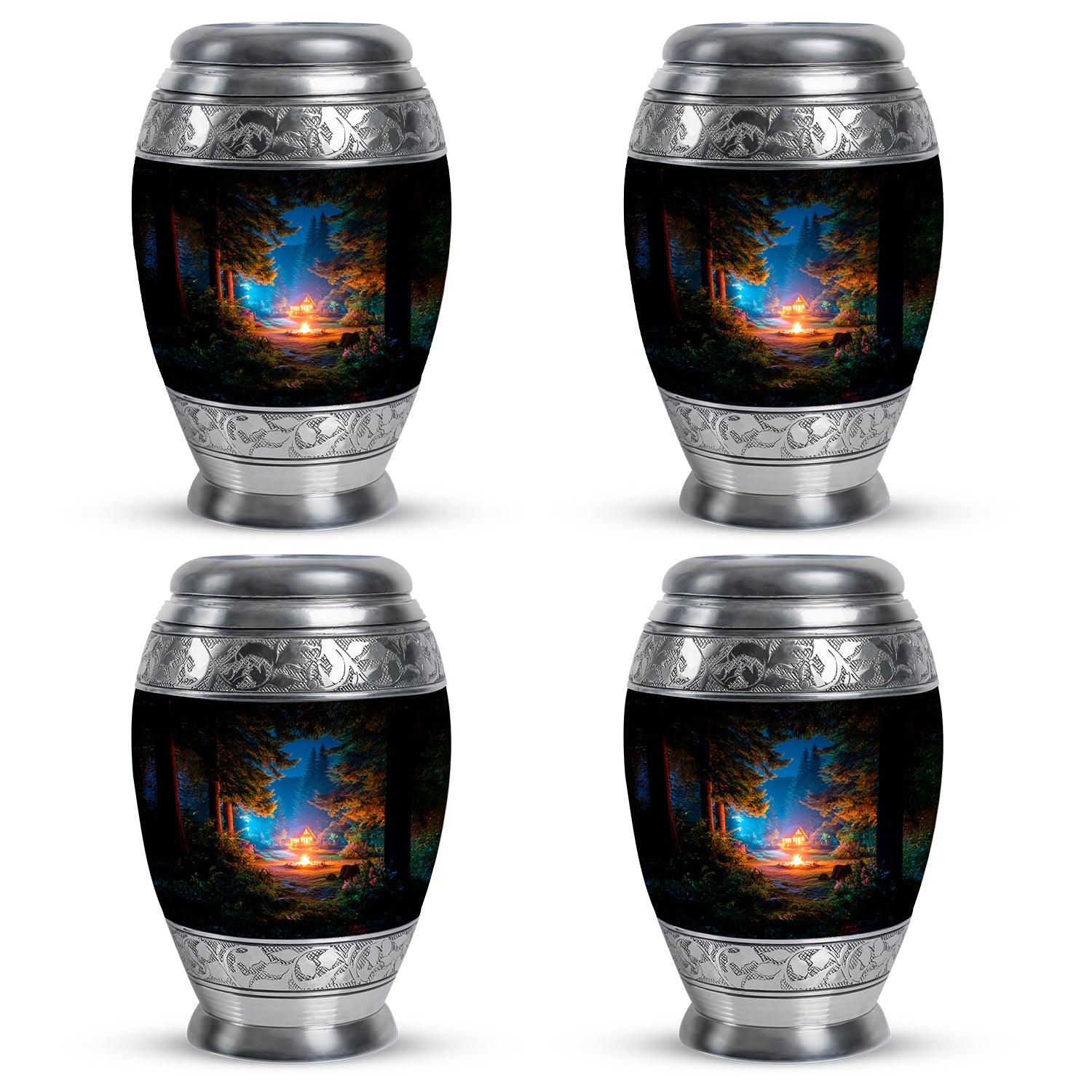 Rich Black Campfire Cremation Urn urn with complimentary velvet bag - regal campfire design with crown-inspired accents - 10 inch aluminum urn for cremated remains
