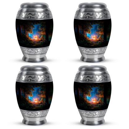Rich Black Campfire Cremation Urn urn with complimentary velvet bag - regal campfire design with crown-inspired accents - 10 inch aluminum urn for cremated remains