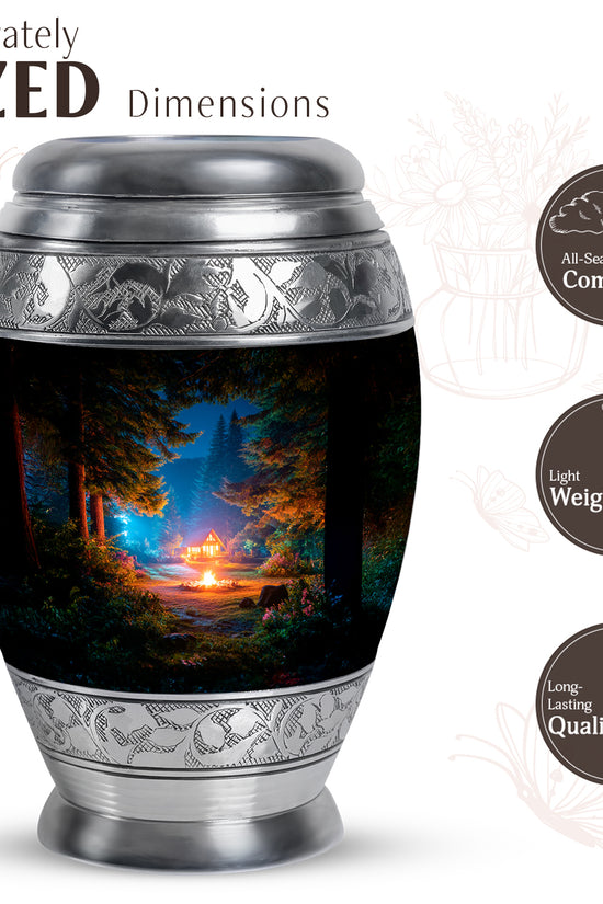 Deep Black Campfire Cremation Urn lifestyle display on memorial shelf - regal campfire design with crown-inspired accents - mini keepsake memorial for portion of cremation ashes
