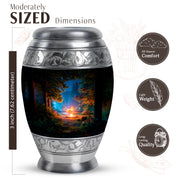 Deep Black Campfire Cremation Urn lifestyle display on memorial shelf - regal campfire design with crown-inspired accents - mini keepsake memorial for portion of cremation ashes