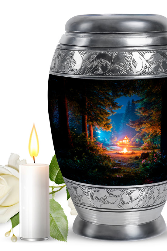 Midnight Black Campfire Cremation Urn back view with polished surface - majestic campfire pattern with filigree border - full-size 10 inch 200 cubic inch adult cremation urn