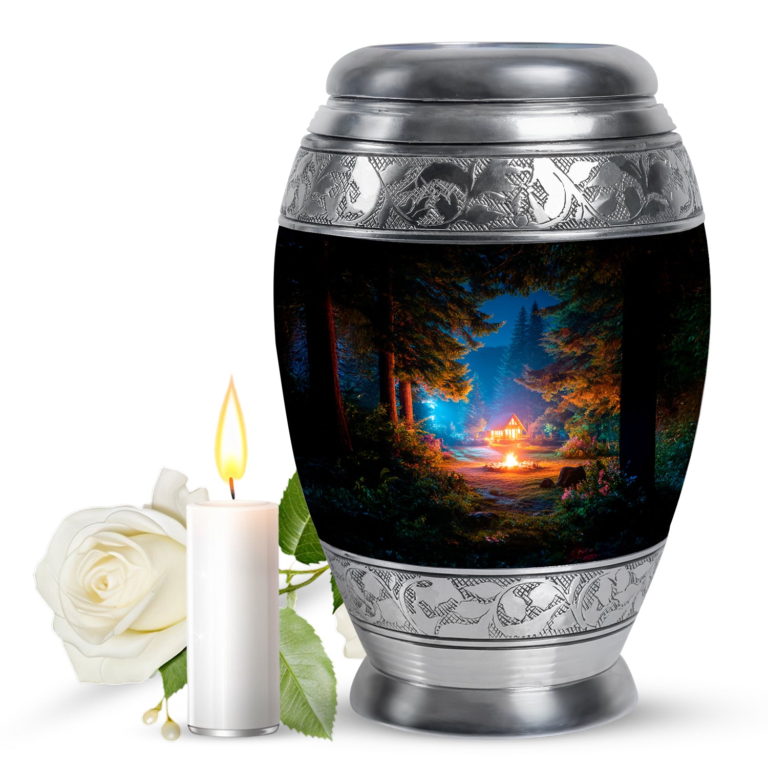 Midnight Black Campfire Cremation Urn back view with polished surface - majestic campfire pattern with filigree border - full-size 10 inch 200 cubic inch adult cremation urn