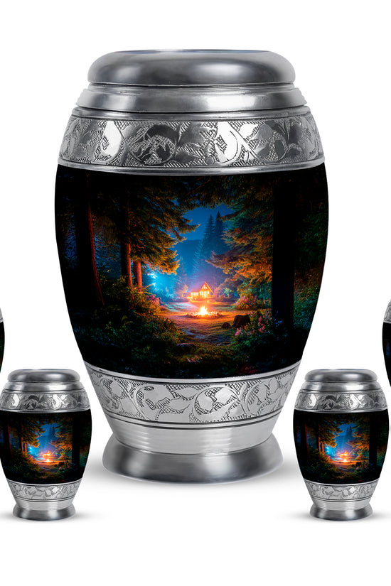 Glossy Black Campfire Cremation Urn detail view - ornate monarch-style campfire relief on brushed aluminum - memorial set with one large and four small urns