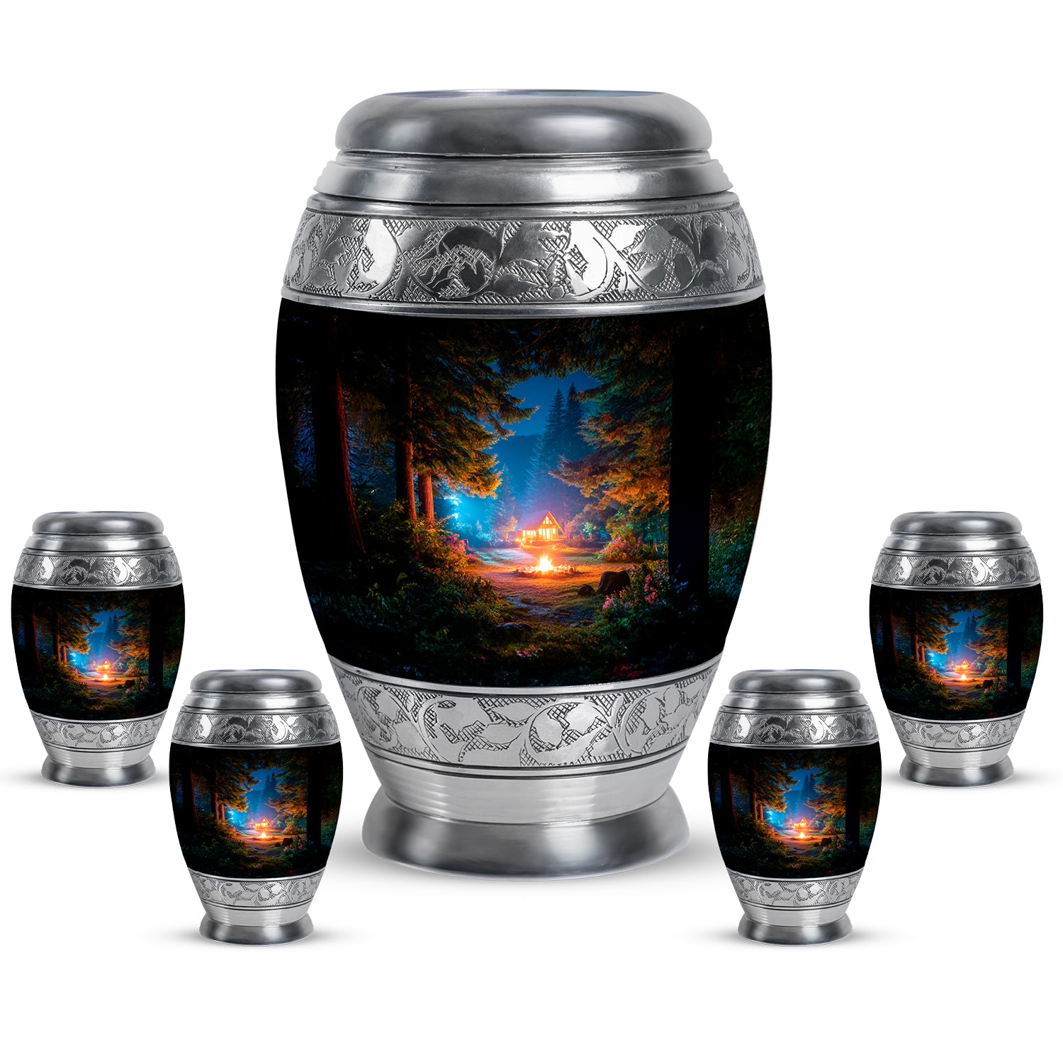 Glossy Black Campfire Cremation Urn detail view - ornate monarch-style campfire relief on brushed aluminum - memorial set with one large and four small urns