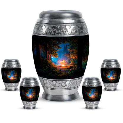 Glossy Black Campfire Cremation Urn detail view - ornate monarch-style campfire relief on brushed aluminum - memorial set with one large and four small urns