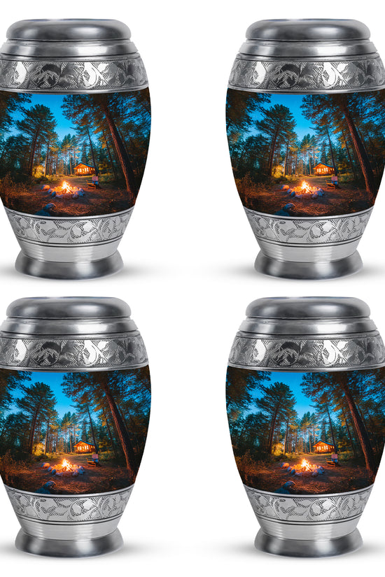 Azure Campfire Cremation Urn urn with complimentary velvet bag - regal campfire design with crown-inspired accents - 10 inch aluminum urn for cremated remains