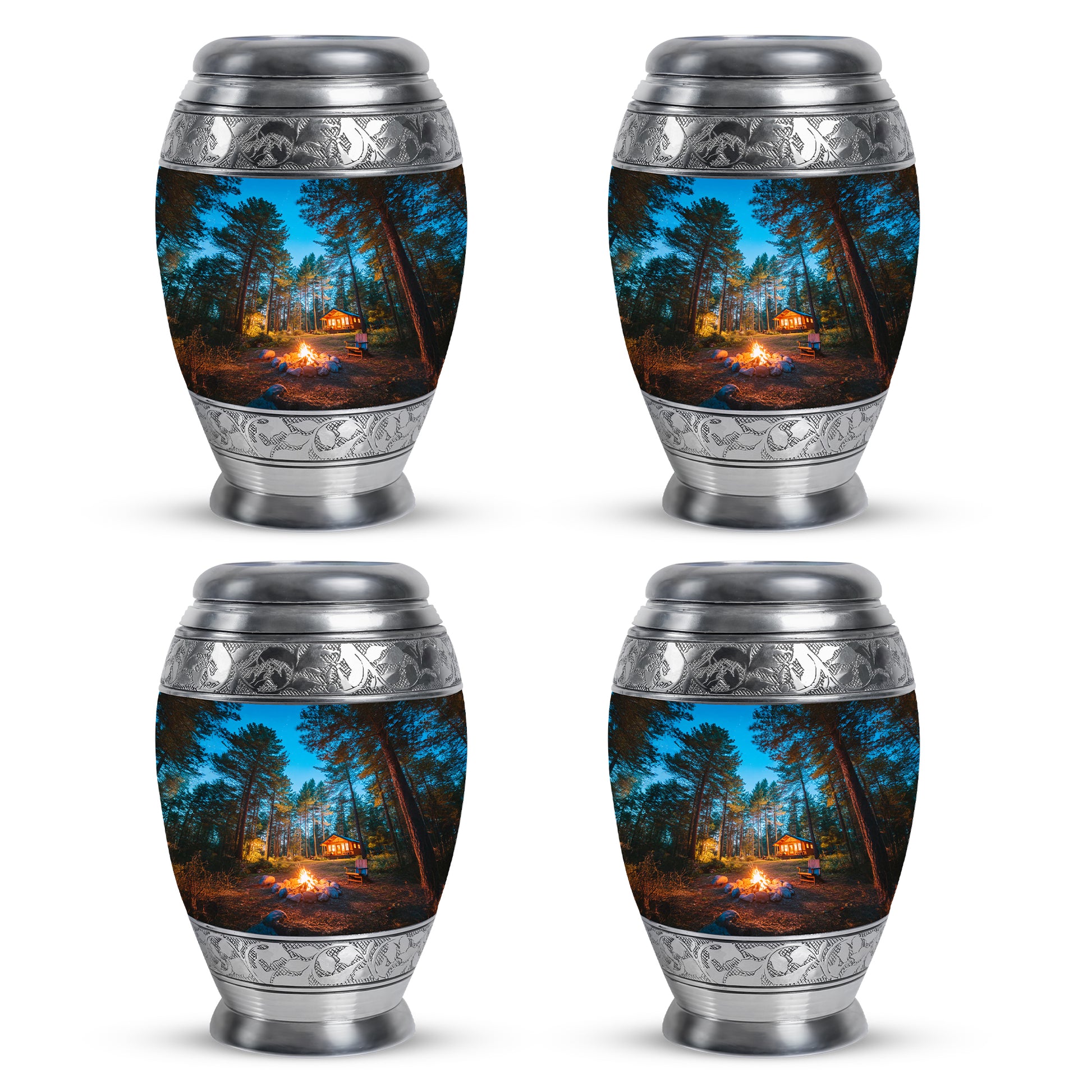 Azure Campfire Cremation Urn urn with complimentary velvet bag - regal campfire design with crown-inspired accents - 10 inch aluminum urn for cremated remains