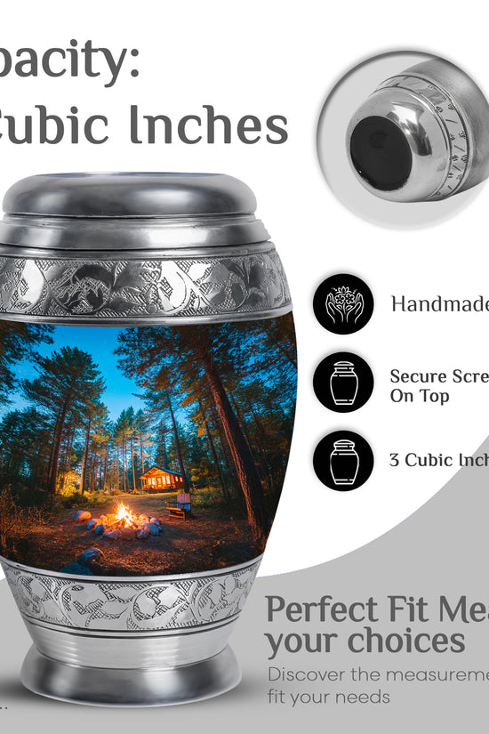 Indigo Campfire Cremation Urn lifestyle display on memorial shelf - regal campfire design with crown-inspired accents - mini keepsake memorial for portion of cremation ashes