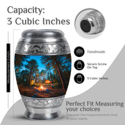 Indigo Campfire Cremation Urn lifestyle display on memorial shelf - regal campfire design with crown-inspired accents - mini keepsake memorial for portion of cremation ashes