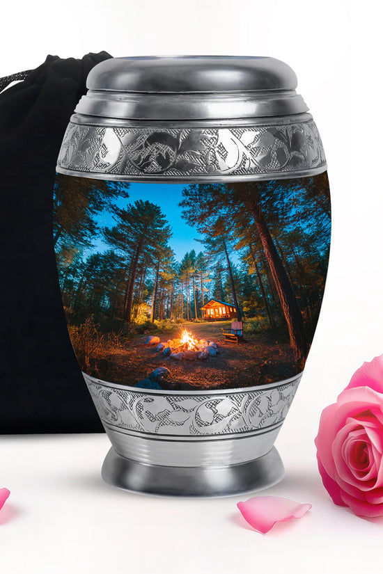 Cornflower Blue Campfire Cremation Urn back view with polished surface - royal campfire engraving with decorative scrollwork - full-size 10 inch 200 cubic inch adult cremation urn