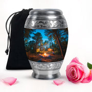 Cornflower Blue Campfire Cremation Urn back view with polished surface - royal campfire engraving with decorative scrollwork - full-size 10 inch 200 cubic inch adult cremation urn