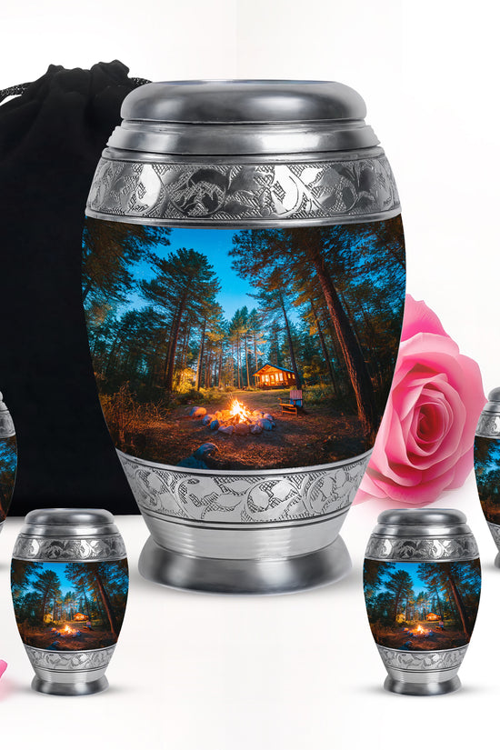 Bright Blue Campfire Cremation Urn detail view - royal campfire engraving with decorative scrollwork - memorial set with one large and four small urns