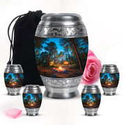 Bright Blue Campfire Cremation Urn detail view - royal campfire engraving with decorative scrollwork - memorial set with one large and four small urns