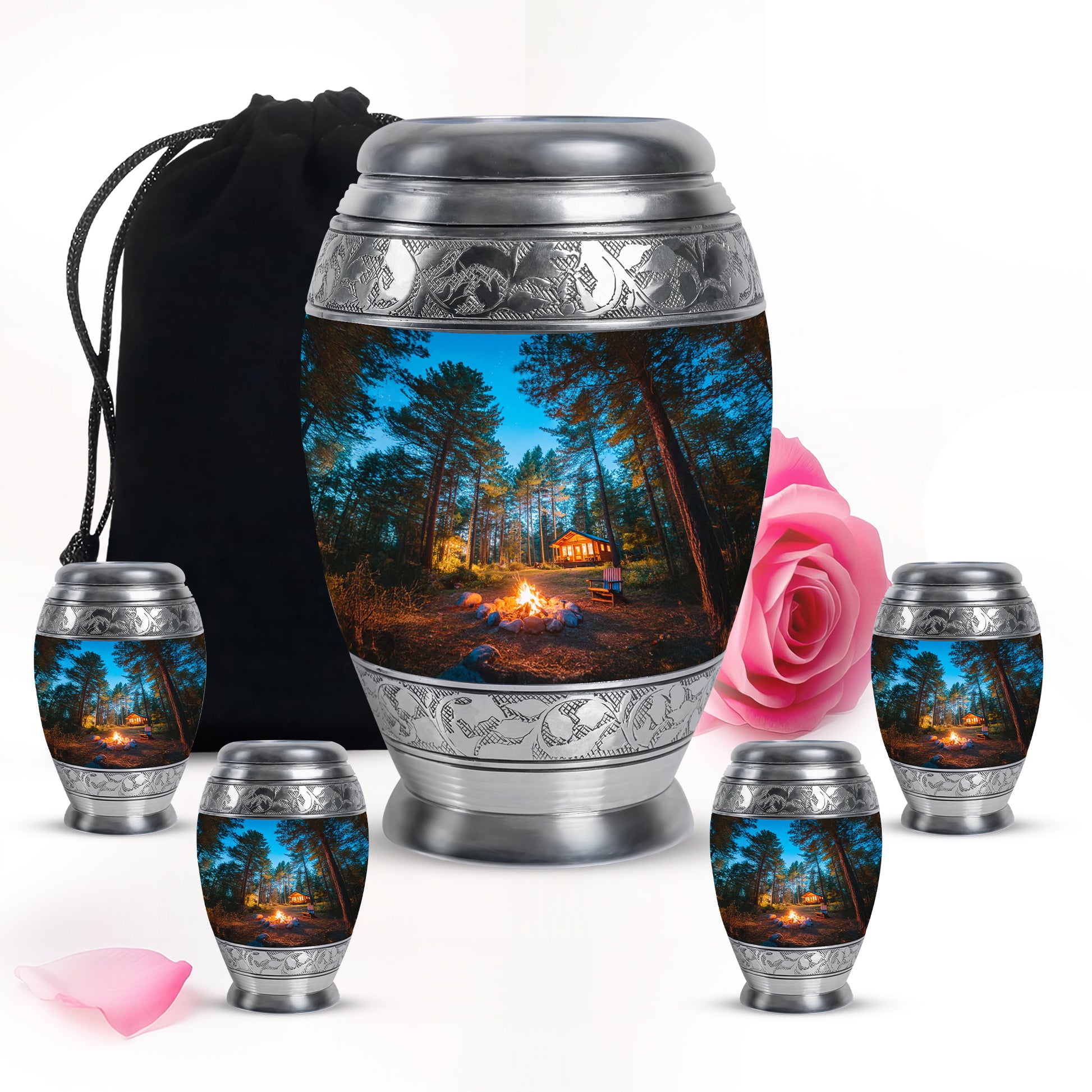 Bright Blue Campfire Cremation Urn detail view - royal campfire engraving with decorative scrollwork - memorial set with one large and four small urns