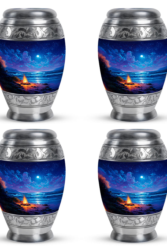 Powder Blue Campfire Cremation Urn urn with complimentary velvet bag - regal campfire design with crown-inspired accents - 10 inch aluminum urn for cremated remains