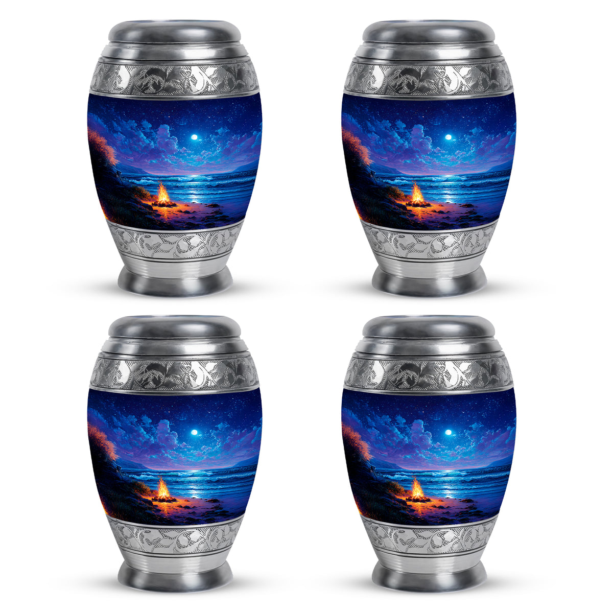 Powder Blue Campfire Cremation Urn urn with complimentary velvet bag - regal campfire design with crown-inspired accents - 10 inch aluminum urn for cremated remains