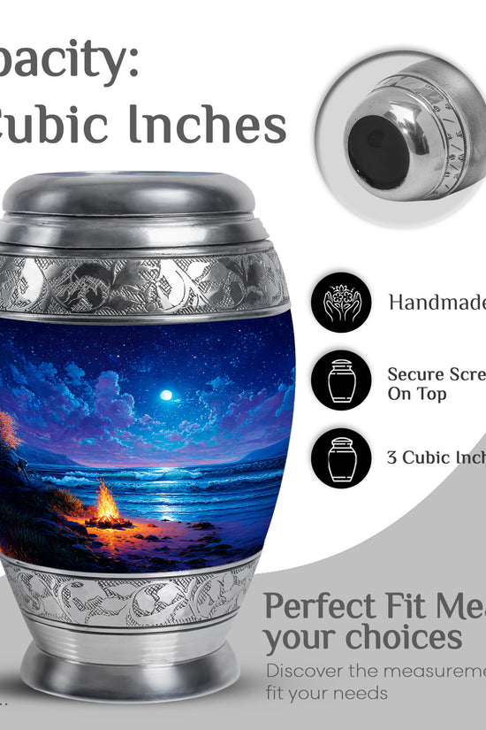 Powder Blue Campfire Cremation Urn lifestyle display on memorial shelf - ornate monarch-style campfire relief on brushed aluminum - mini keepsake memorial for portion of cremation ashes