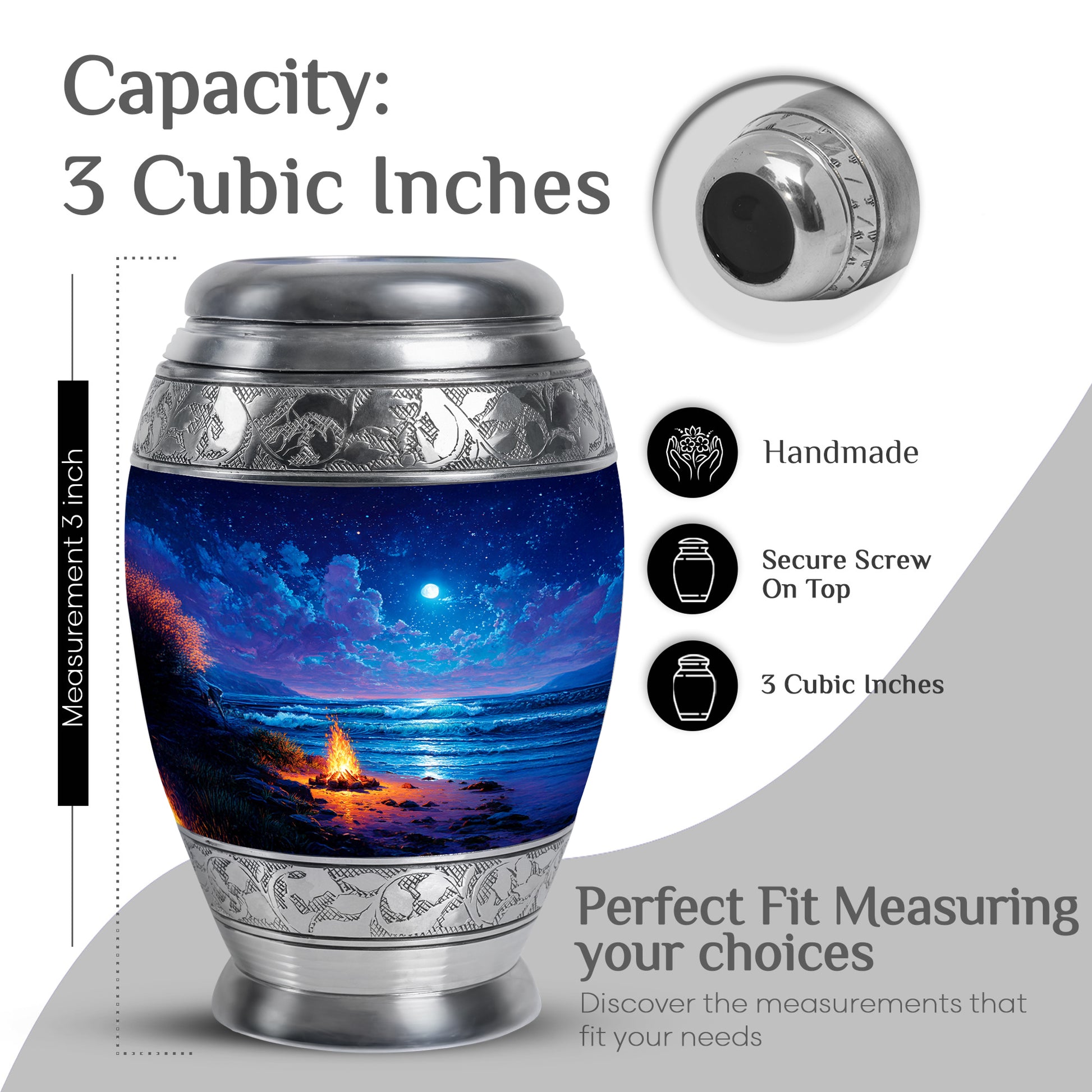 Powder Blue Campfire Cremation Urn lifestyle display on memorial shelf - ornate monarch-style campfire relief on brushed aluminum - mini keepsake memorial for portion of cremation ashes