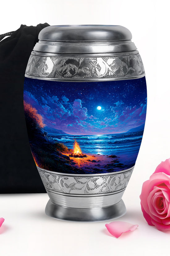 Sapphire Blue Campfire Cremation Urn back view with polished surface - majestic campfire pattern with filigree border - full-size 10 inch 200 cubic inch adult cremation urn