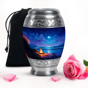 Sapphire Blue Campfire Cremation Urn back view with polished surface - majestic campfire pattern with filigree border - full-size 10 inch 200 cubic inch adult cremation urn