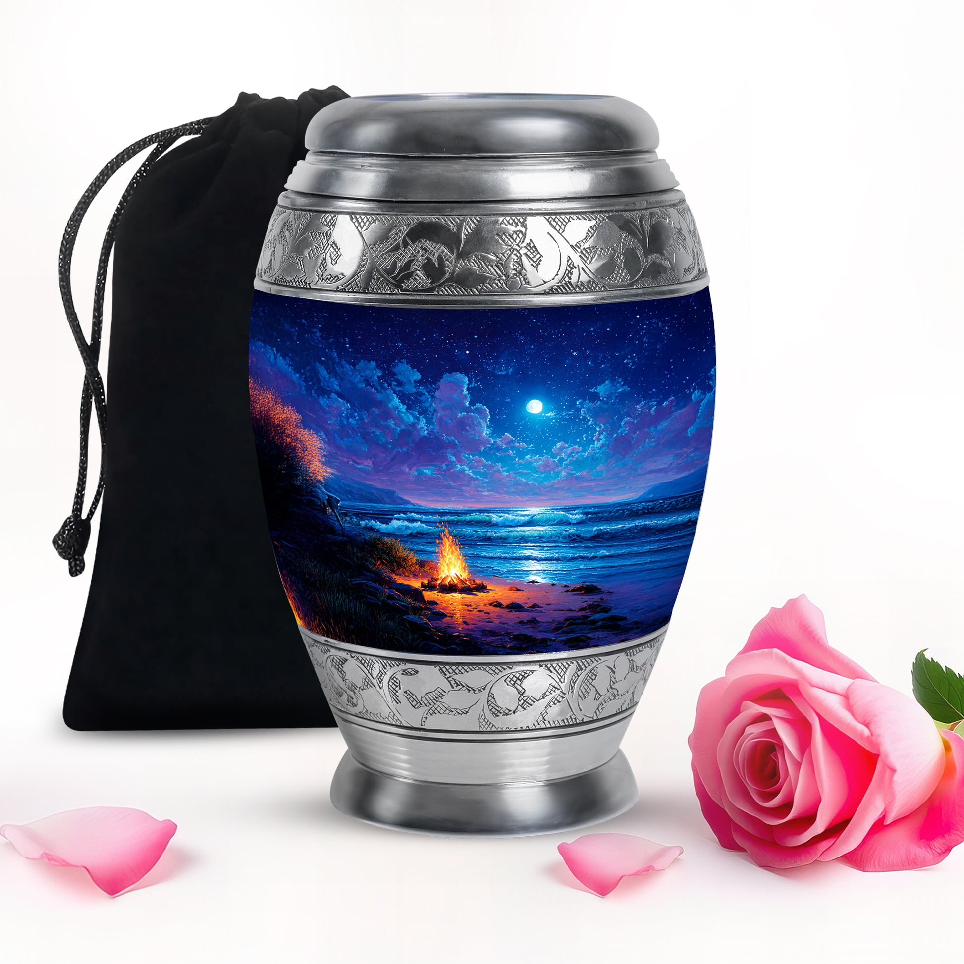 Sapphire Blue Campfire Cremation Urn back view with polished surface - majestic campfire pattern with filigree border - full-size 10 inch 200 cubic inch adult cremation urn