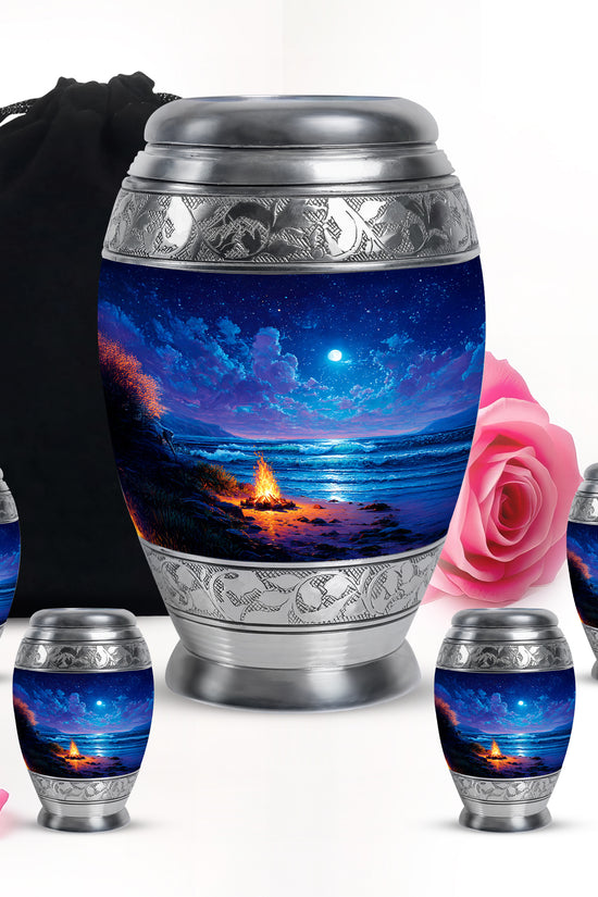 Pastel Blue Campfire Cremation Urn detail view - regal campfire design with crown-inspired accents - memorial set with one large and four small urns