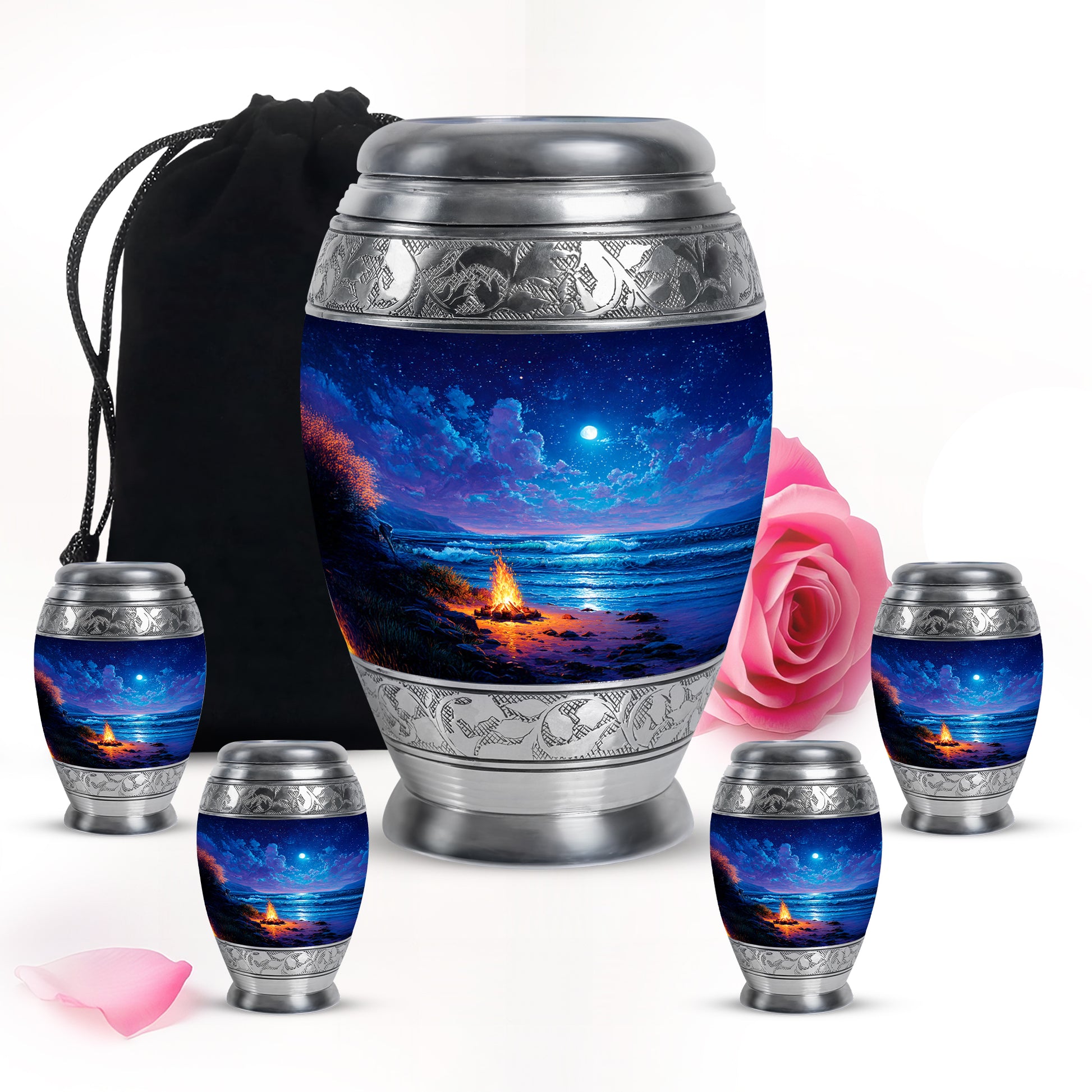 Pastel Blue Campfire Cremation Urn detail view - regal campfire design with crown-inspired accents - memorial set with one large and four small urns