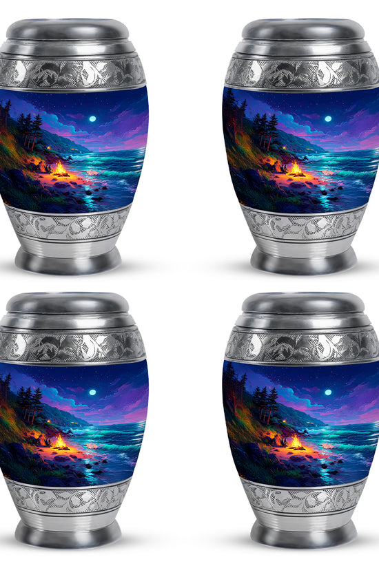 Cobalt Blue Campfire Cremation Urn urn with complimentary velvet bag - majestic campfire pattern with filigree border - 10 inch aluminum urn for cremated remains