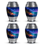 Cobalt Blue Campfire Cremation Urn urn with complimentary velvet bag - majestic campfire pattern with filigree border - 10 inch aluminum urn for cremated remains