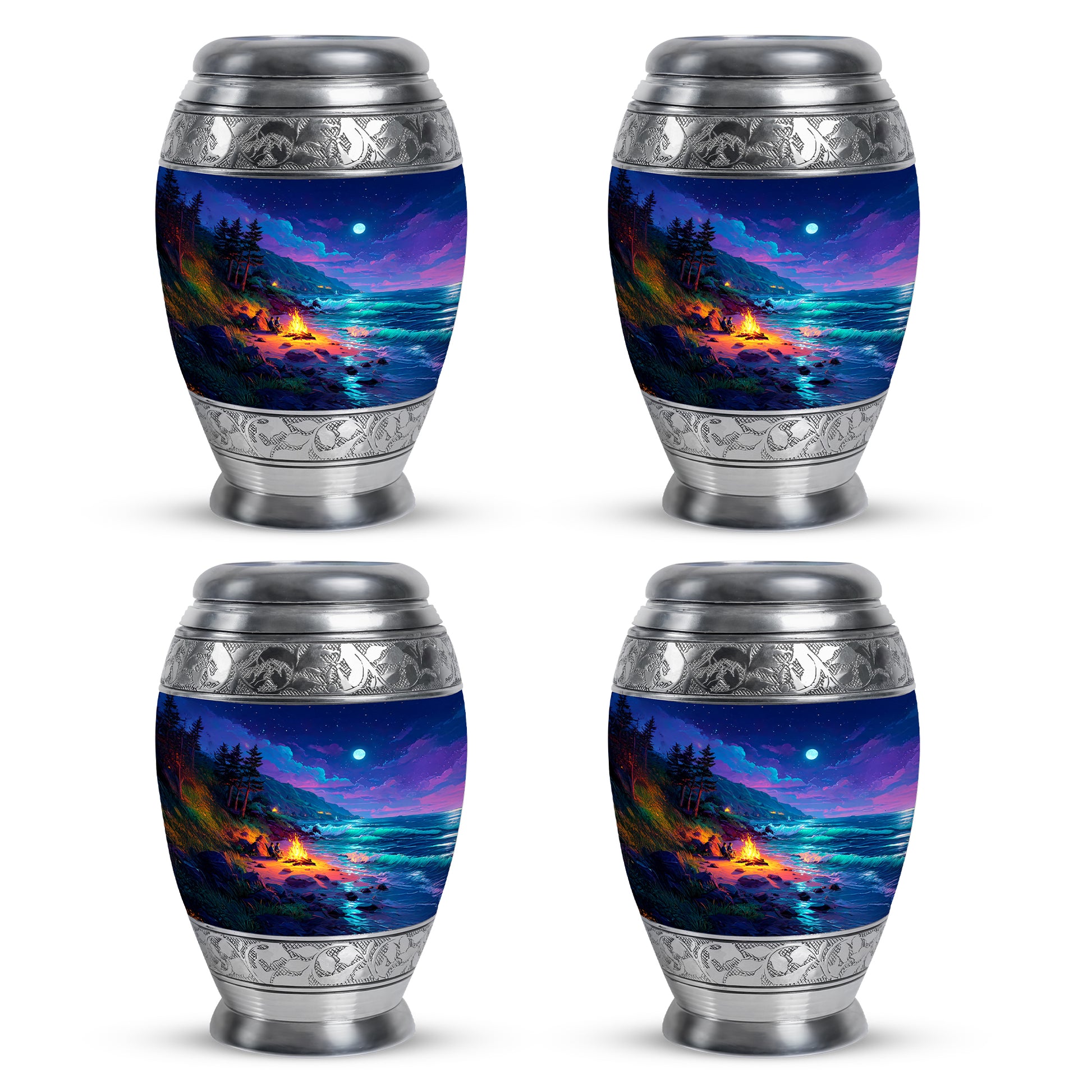 Cobalt Blue Campfire Cremation Urn urn with complimentary velvet bag - majestic campfire pattern with filigree border - 10 inch aluminum urn for cremated remains