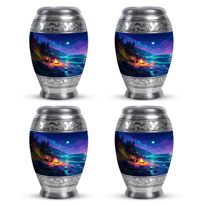 Cobalt Blue Campfire Cremation Urn urn with complimentary velvet bag - majestic campfire pattern with filigree border - 10 inch aluminum urn for cremated remains