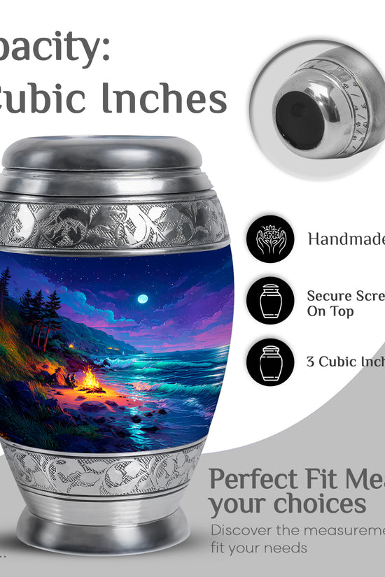 Calming Blue Campfire Cremation Urn lifestyle display on memorial shelf - majestic campfire pattern with filigree border - mini keepsake memorial for portion of cremation ashes