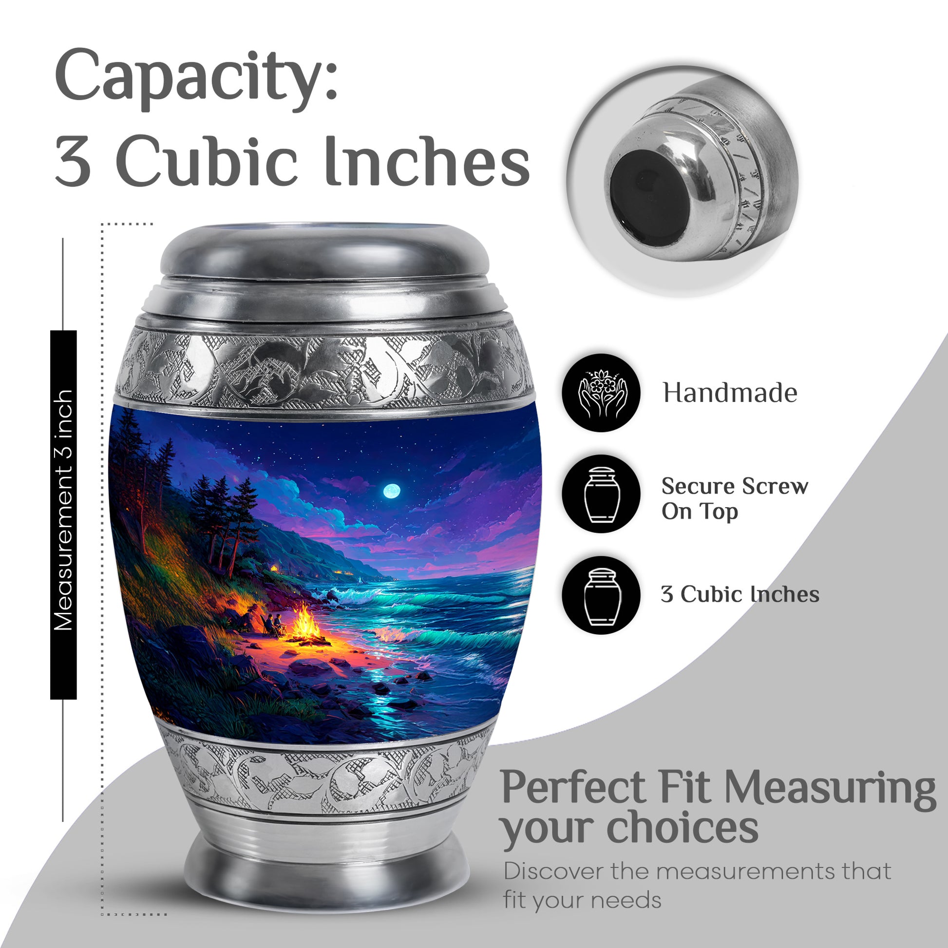 Calming Blue Campfire Cremation Urn lifestyle display on memorial shelf - majestic campfire pattern with filigree border - mini keepsake memorial for portion of cremation ashes