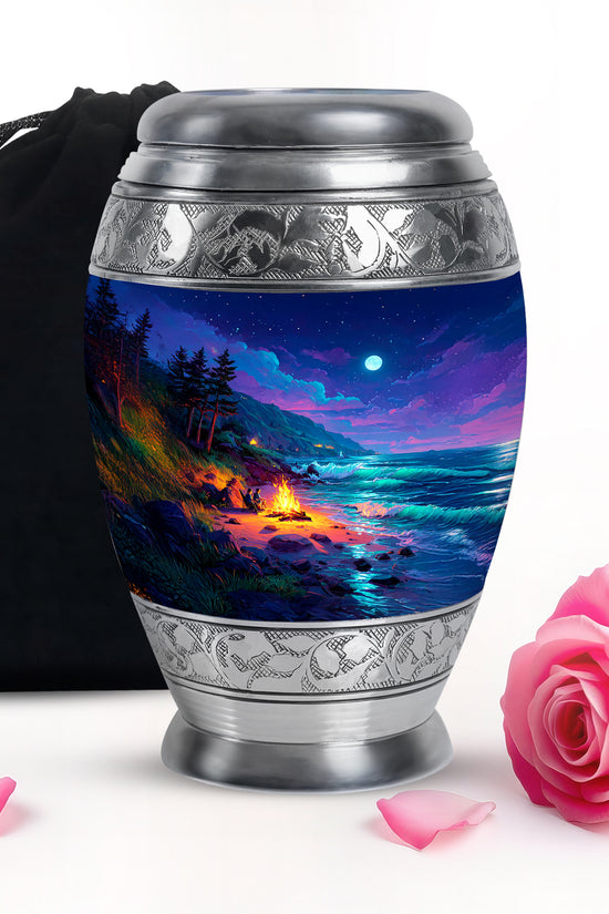 Slate Blue Campfire Cremation Urn back view with polished surface - ornate monarch-style campfire relief on brushed aluminum - full-size 10 inch 200 cubic inch adult cremation urn