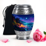 Slate Blue Campfire Cremation Urn back view with polished surface - ornate monarch-style campfire relief on brushed aluminum - full-size 10 inch 200 cubic inch adult cremation urn