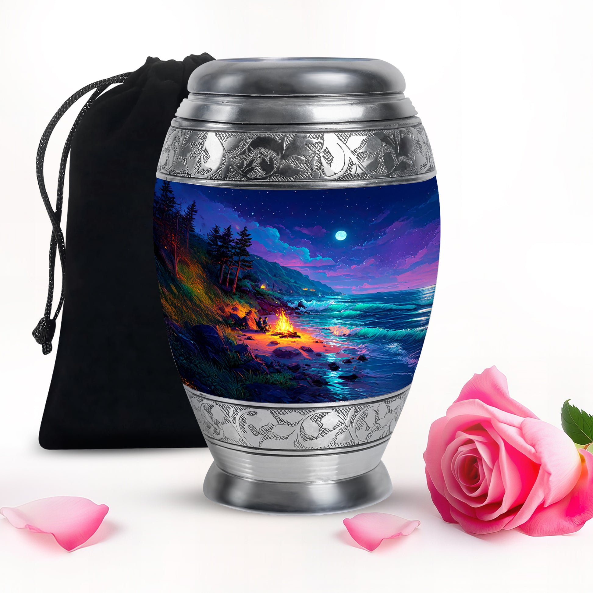 Slate Blue Campfire Cremation Urn back view with polished surface - ornate monarch-style campfire relief on brushed aluminum - full-size 10 inch 200 cubic inch adult cremation urn