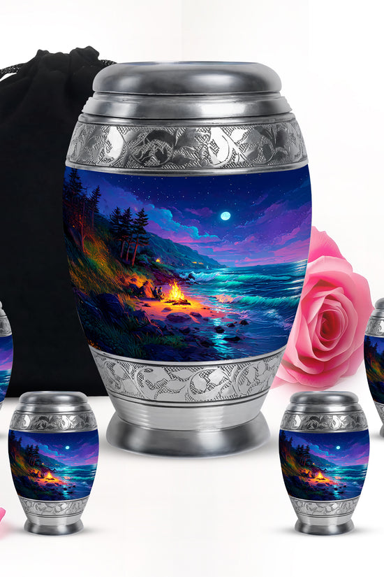 Calming Blue Campfire Cremation Urn detail view - royal campfire engraving with decorative scrollwork - memorial set with one large and four small urns
