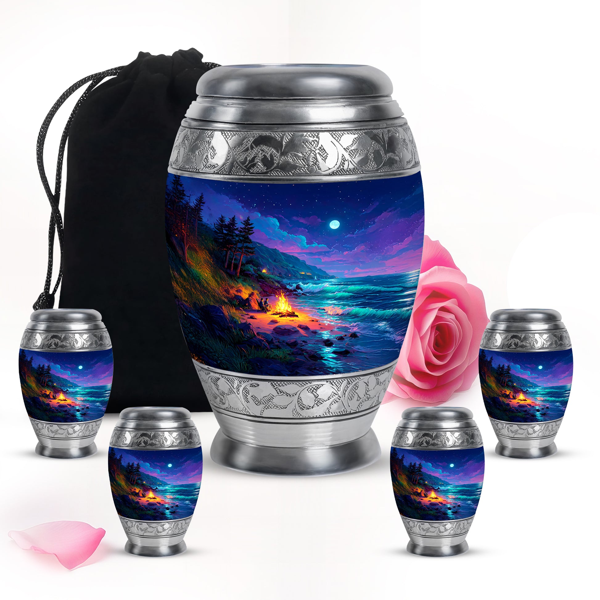 Calming Blue Campfire Cremation Urn detail view - royal campfire engraving with decorative scrollwork - memorial set with one large and four small urns