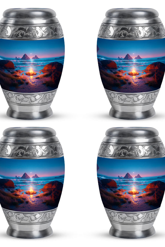 Celestial Blue Campfire Cremation Urn urn with complimentary velvet bag - ornate monarch-style campfire relief on brushed aluminum - 10 inch aluminum urn for cremated remains