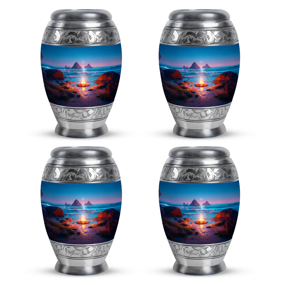 Celestial Blue Campfire Cremation Urn urn with complimentary velvet bag - ornate monarch-style campfire relief on brushed aluminum - 10 inch aluminum urn for cremated remains