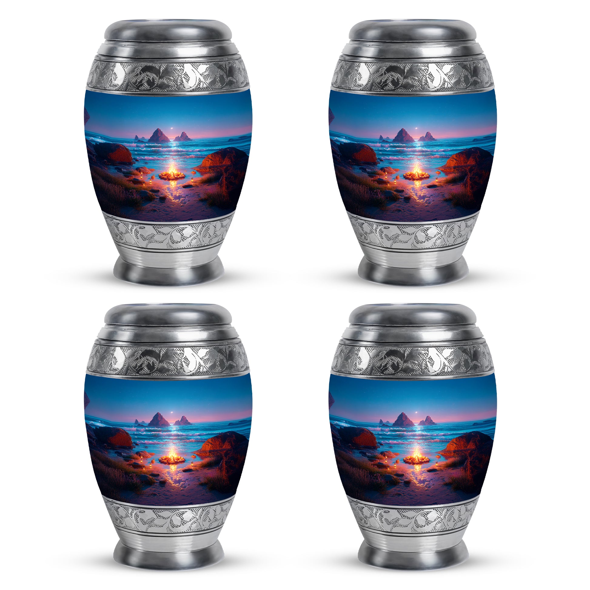 Celestial Blue Campfire Cremation Urn urn with complimentary velvet bag - ornate monarch-style campfire relief on brushed aluminum - 10 inch aluminum urn for cremated remains