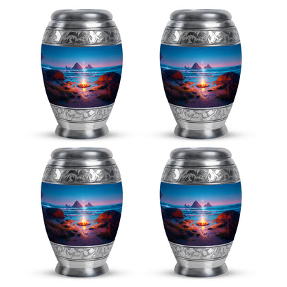 Celestial Blue Campfire Cremation Urn urn with complimentary velvet bag - ornate monarch-style campfire relief on brushed aluminum - 10 inch aluminum urn for cremated remains