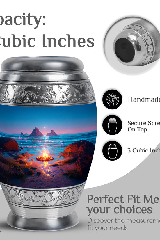 Indigo Campfire Cremation Urn lifestyle display on memorial shelf - regal campfire design with crown-inspired accents - mini keepsake memorial for portion of cremation ashes